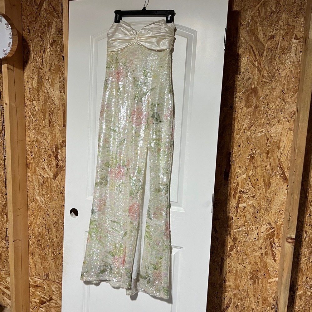 City Studios Strapless Sequin Floral Maxi Gown Cream Pink Green Size 7/8